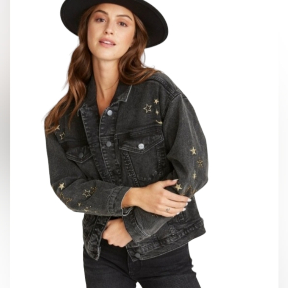 Driftwood Star Studded Embroidered Denim Jacket Distressed Black NWT Size XS